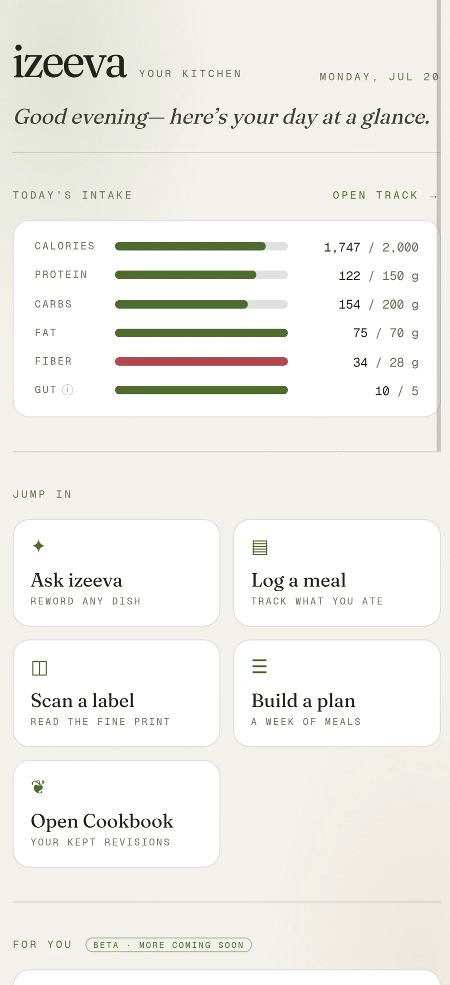 izeeva home overview showing today's calories, protein, fiber and gut-diversity, with quick actions