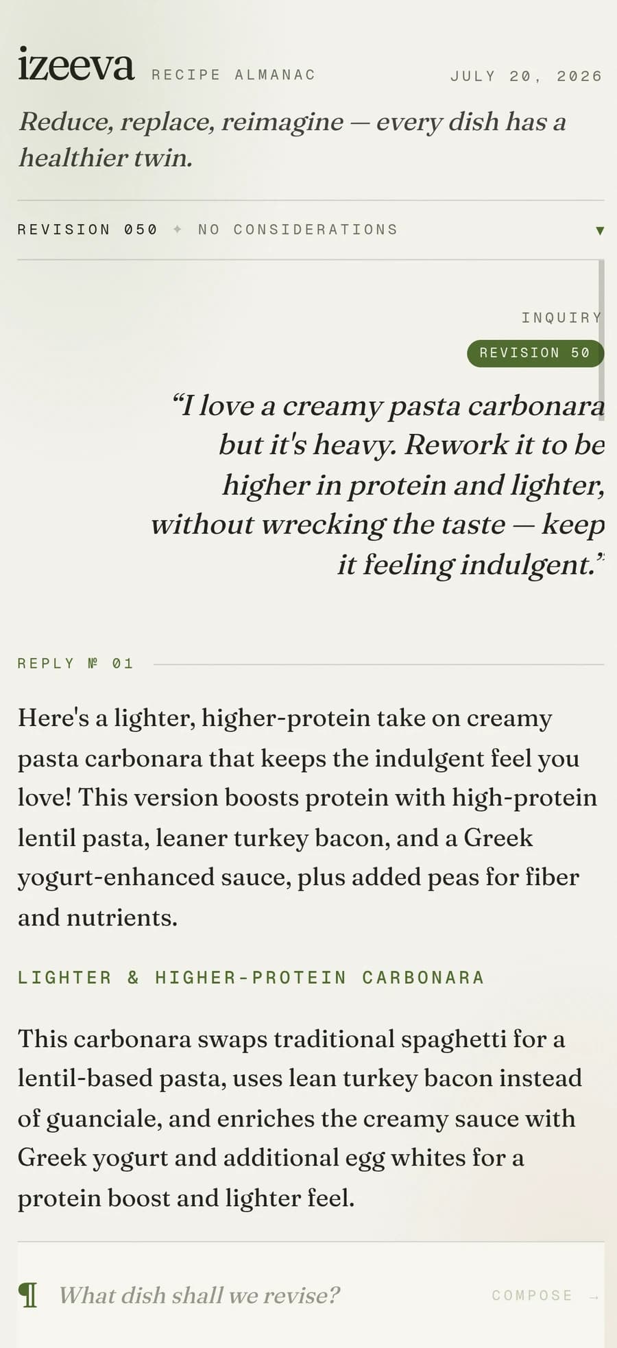 izeeva reworking a creamy carbonara into a lighter, higher-protein version, grounded in real nutrition data
