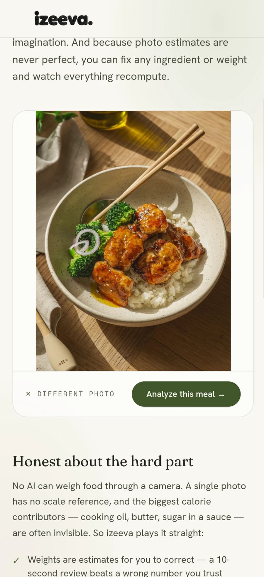 izeeva meal scan: a photo of a cooked chicken bowl ready to analyze into macros