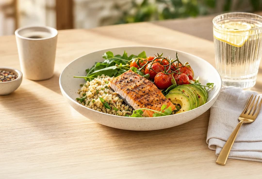 A salmon and quinoa bowl with real, grounded macros