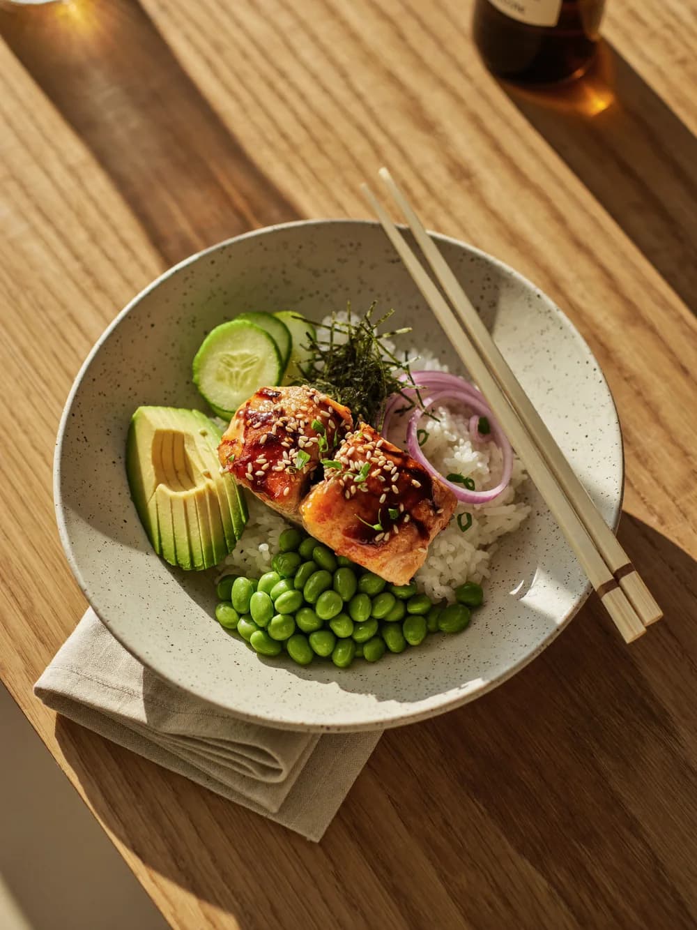 A teriyaki salmon bowl, the kind of real meal izeeva logs and reworks