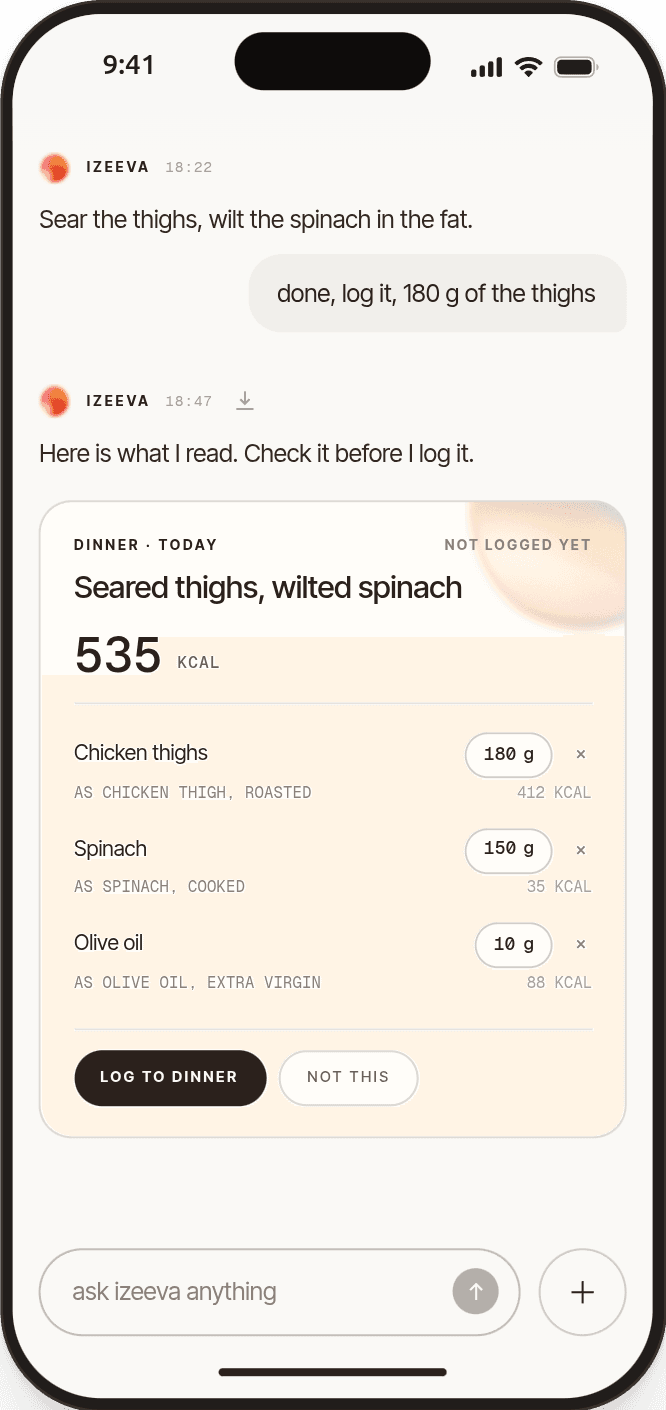 The izeeva chat on a phone: asked to log seared chicken thighs with wilted spinach, izeeva reads the meal back as a 535 kcal dinner with chicken thighs 180 g, spinach 150 g and olive oil 10 g, ready to log.
